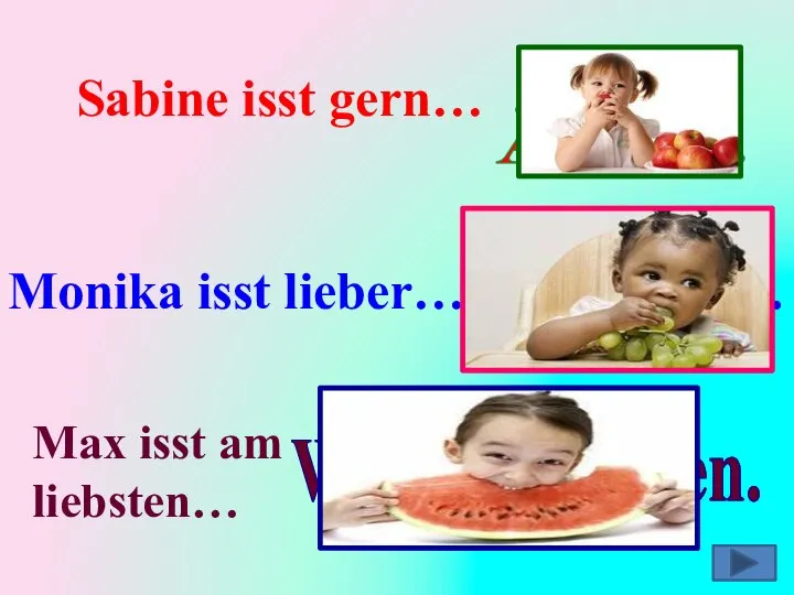 Sabine isst gern… Äpfel. Monika isst lieber… Weintrauben. Max isst am liebsten… Wassermelonen.