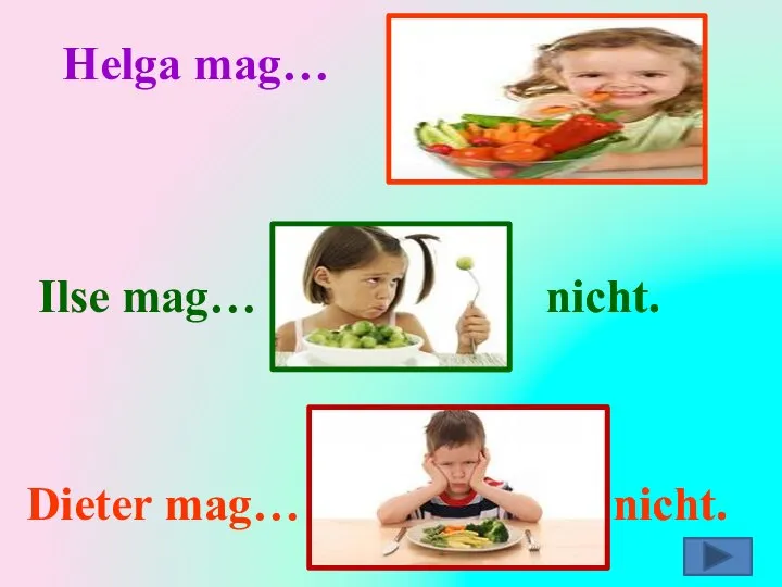 Helga mag… Mohrrüben. Ilse mag… Kohl nicht. Dieter mag… Gemüse nicht.