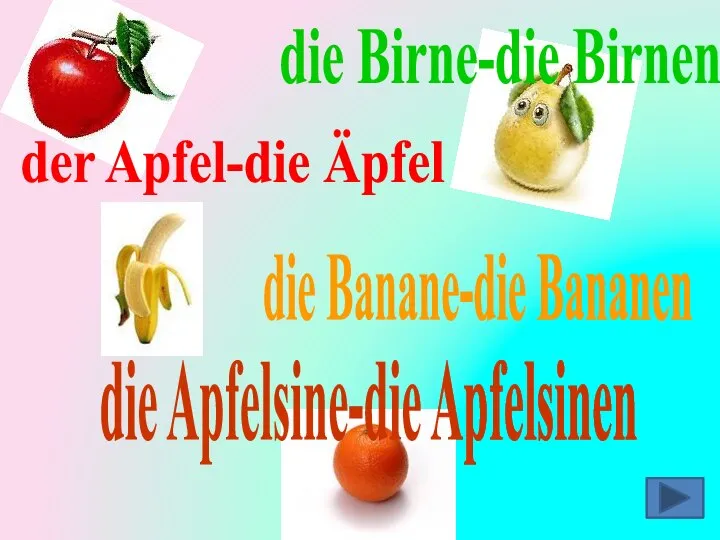 der Apfel-die Äpfel die Birne-die Birnen die Banane-die Bananen die Apfelsine-die Apfelsinen