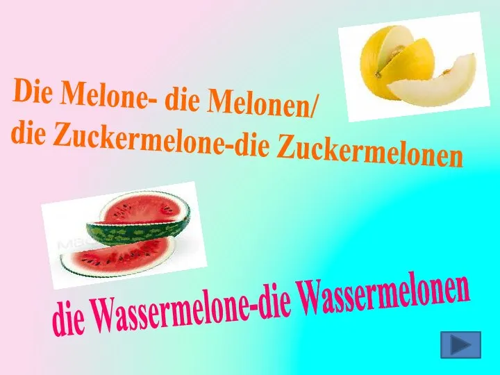 Die Melone- die Melonen/ die Zuckermelone-die Zuckermelonen die Wassermelone-die Wassermelonen