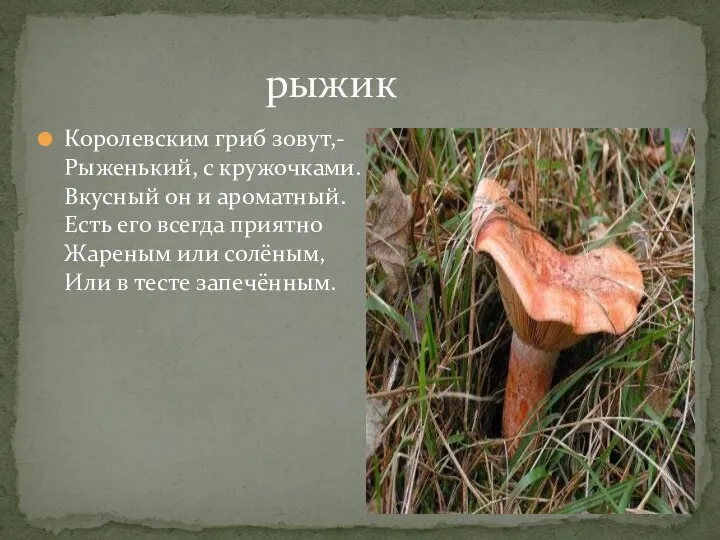 Королевским гриб зовут,- Рыженький, с кружочками. Вкусный он и ароматный. Есть