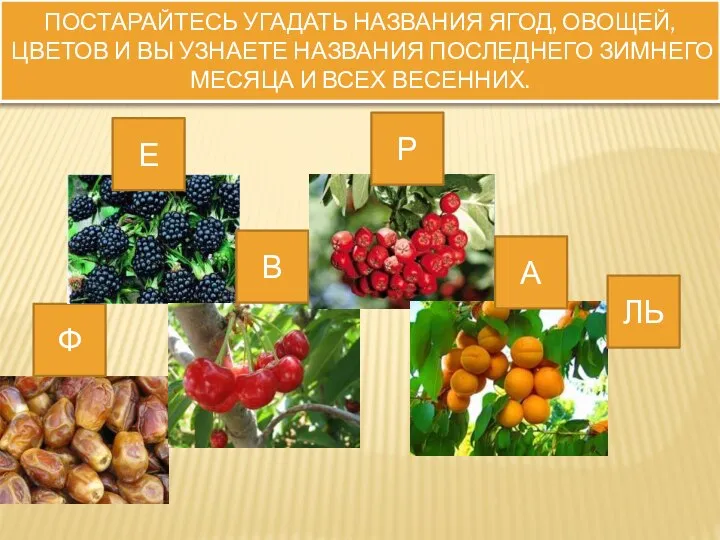 Постарайтесь угадать названия ягод, овощей, цветов и вы узнаете названия последнего