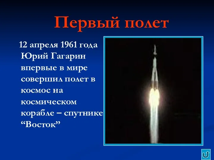 Первый полет 12 апреля 1961 года Юрий Гагарин впервые в мире
