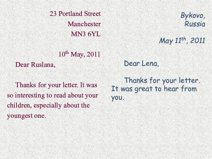 23 Portland Street Manchester MN3 6YL 10th May, 2011 Dear Ruslana,