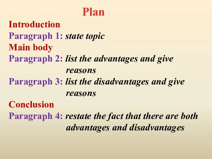 Introduction Paragraph 1: state topic Main body Paragraph 2: list the