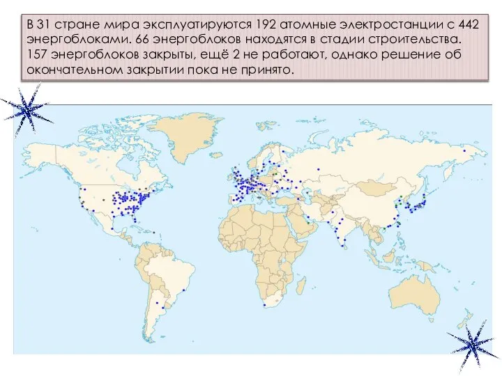 В 31 стране мира эксплуатируются 192 атомные электростанции с 442 энергоблоками.