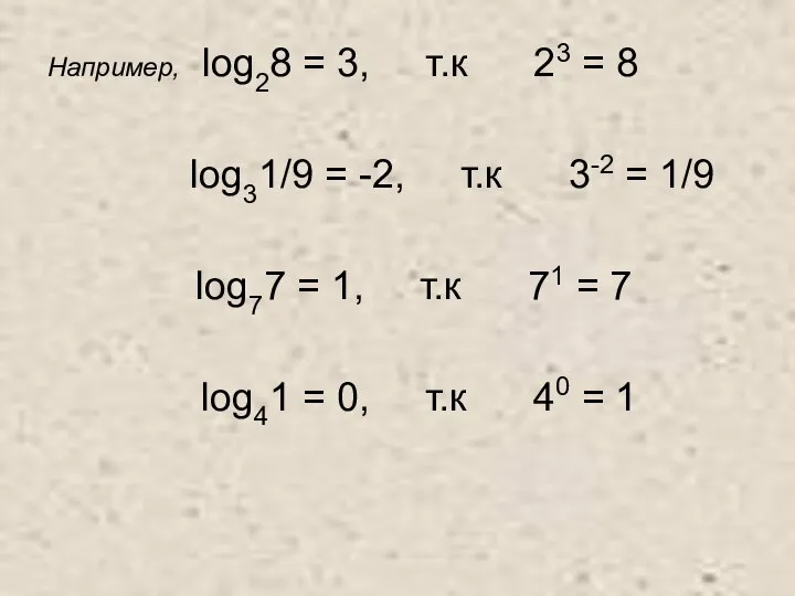 Например, log28 = 3, т.к 23 = 8 log31/9 = -2,