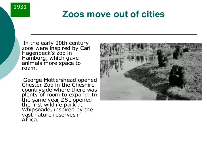 Zoos move out of cities In the early 20th century zoos