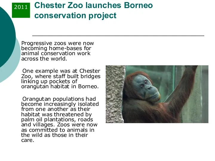 Chester Zoo launches Borneo conservation project Progressive zoos were now becoming