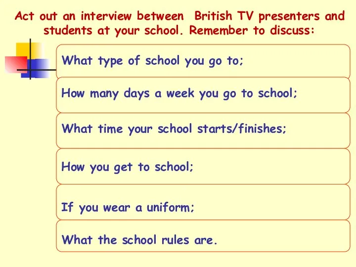 Act out an interview between British TV presenters and students at