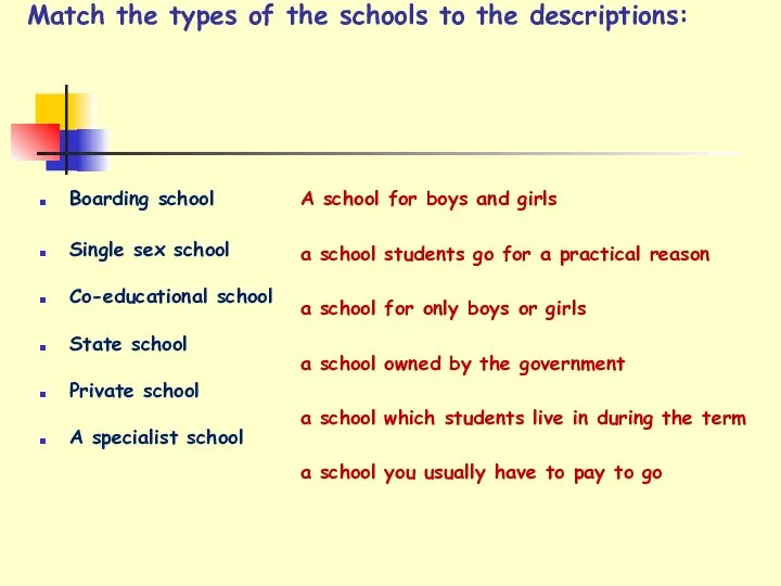 Match the types of the schools to the descriptions: Boarding school