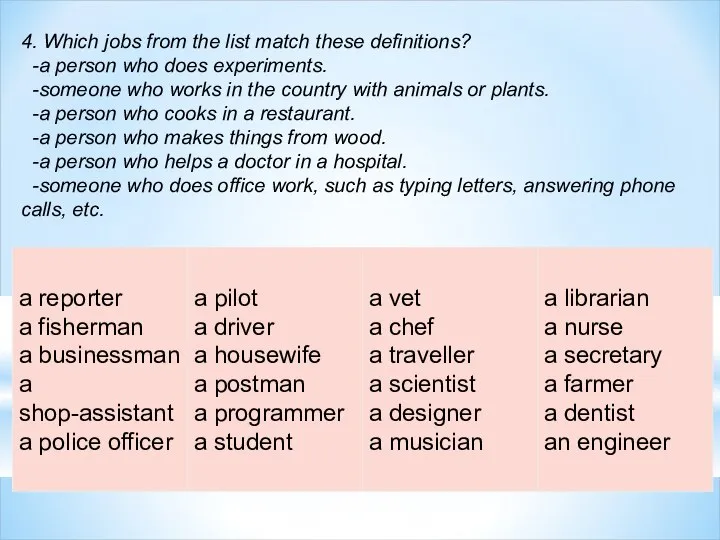 4. Which jobs from the list match these definitions? -a person