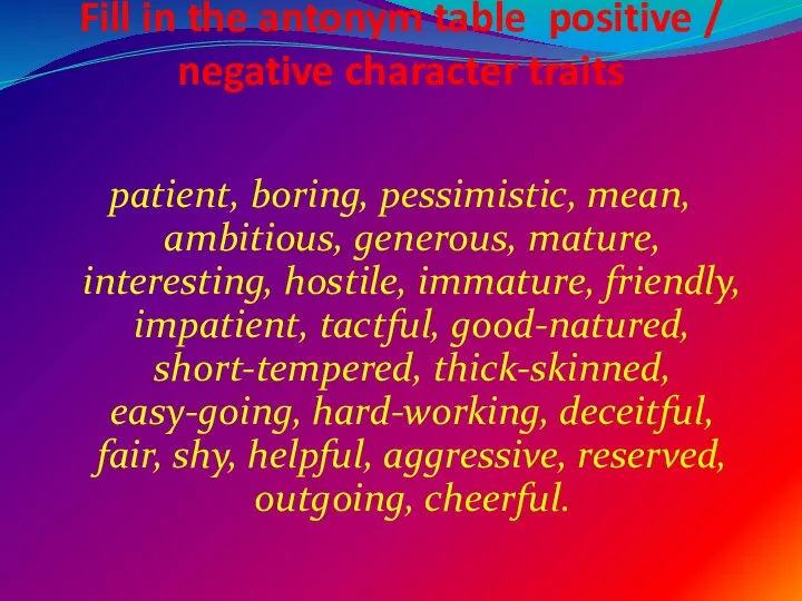 Fill in the antonym table positive / negative character traits patient,