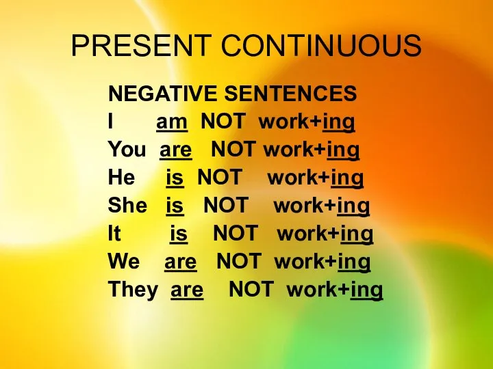 PRESENT CONTINUOUS NEGATIVE SENTENCES I am NOT work+ing You are NOT