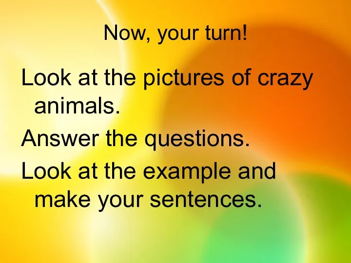 Now, your turn! Look at the pictures of crazy animals. Answer