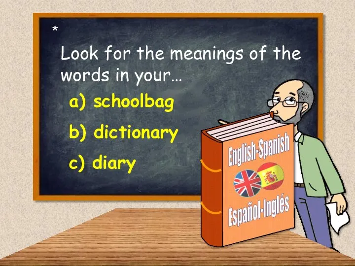 Look for the meanings of the words in your… a) schoolbag b) dictionary c) diary *