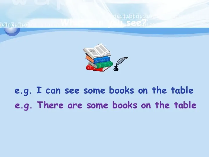 What can you see? e.g. I can see some books on