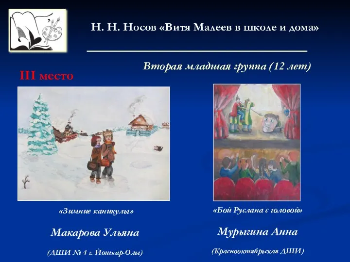Вторая младшая группа (12 лет) III место «Зимние каникулы» Макарова Ульяна