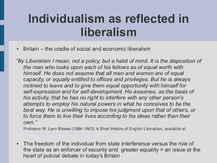 Individualism as reflected in liberalism Britain – the cradle of social