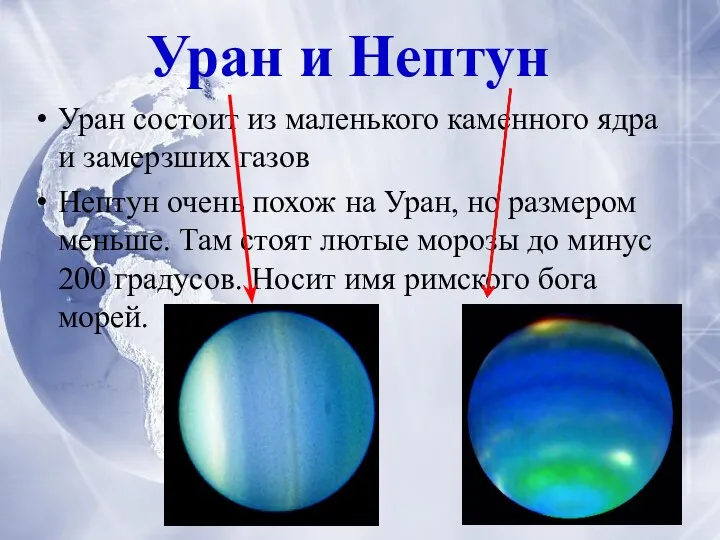 Уран состоит из маленького каменного ядра и замерзших газов Нептун очень