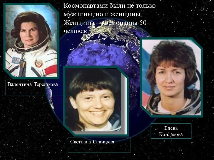 Космонавтами были не только мужчины, но и женщины. Женщины – космонавты 50 человек… Елена Кондакова