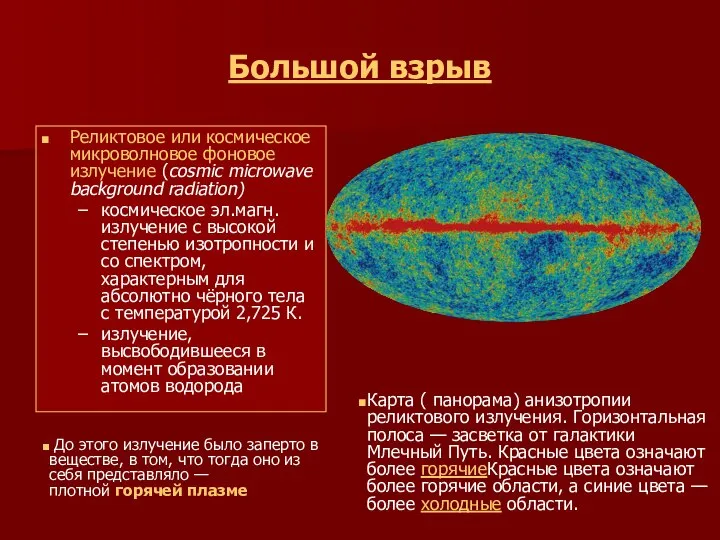 Большой взрыв Реликтовое или космическое микроволновое фоновое излучение (cosmic microwave background