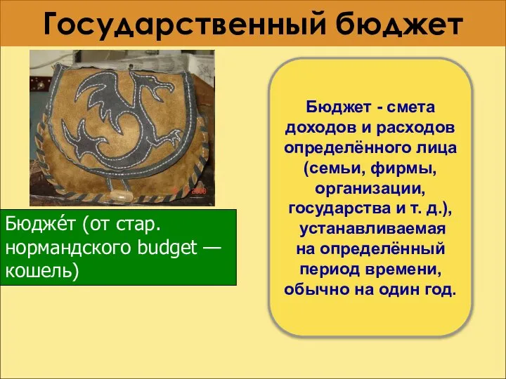 Государственный бюджет Бюдже́т (от стар. нормандского budget — кошель) Бюджет -