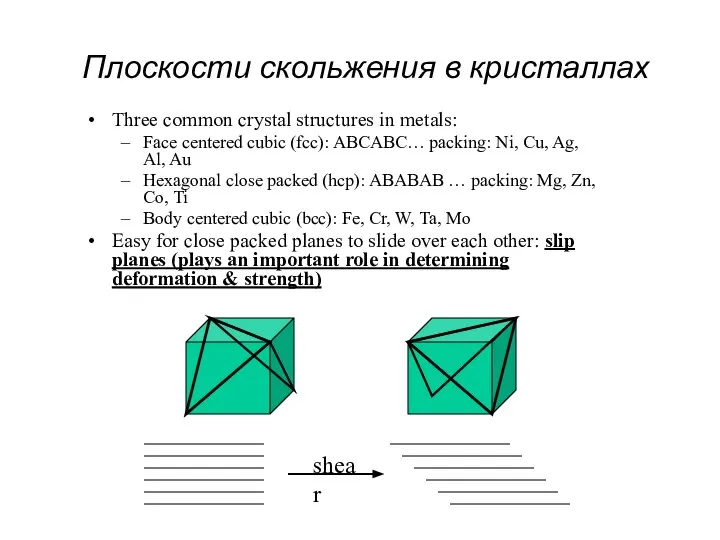 Three common crystal structures in metals: Face centered cubic (fcc): ABCABC…