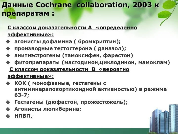 Данные Cochrane collaboration, 2003 к препаратам : С классом доказательности А