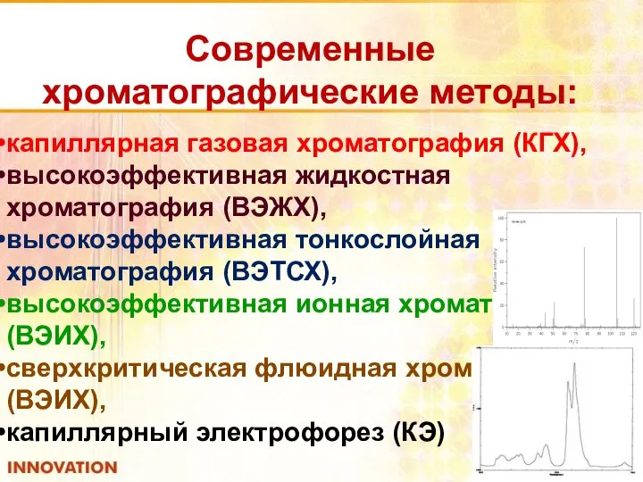 капиллярная газовая хроматография (КГХ), высокоэффективная жидкостная хроматография (ВЭЖХ), высокоэффективная тонкослойная хроматография