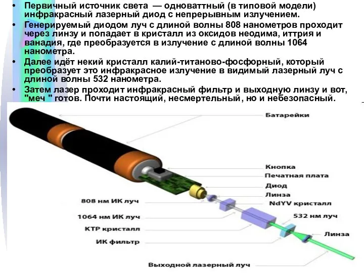Первичный источник света — одноваттный (в типовой модели) инфракрасный лазерный диод