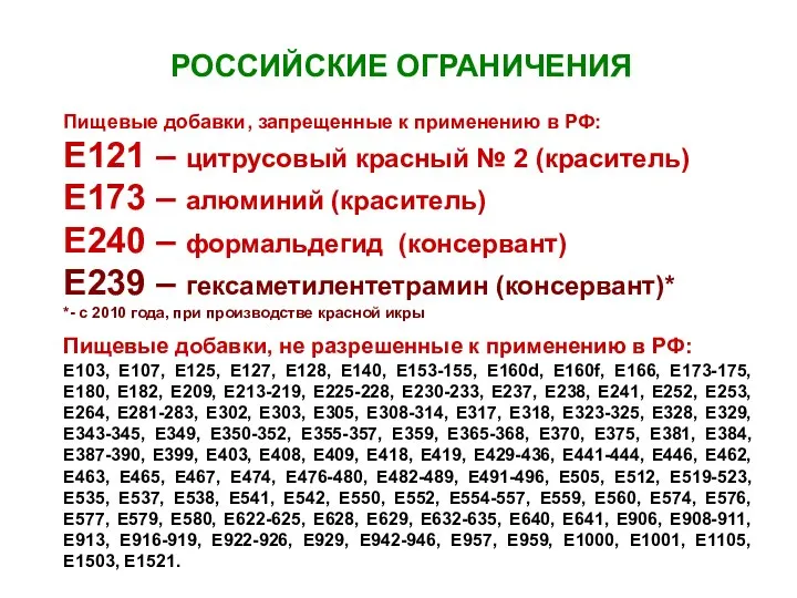 РОССИЙСКИЕ ОГРАНИЧЕНИЯ Пищевые добавки, запрещенные к применению в РФ: E121 –