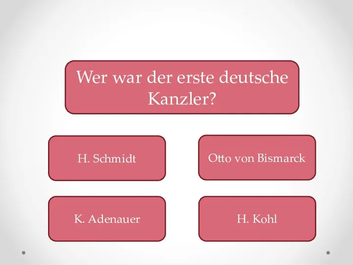 Wer war der erste deutsche Kanzler? H. Schmidt K. Adenauer Otto von Bismarck H. Kohl