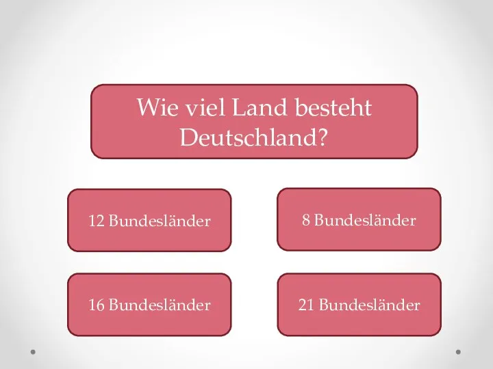 Wie viel Land besteht Deutschland? 12 Bundesländer 16 Bundesländer 8 Bundesländer 21 Bundesländer
