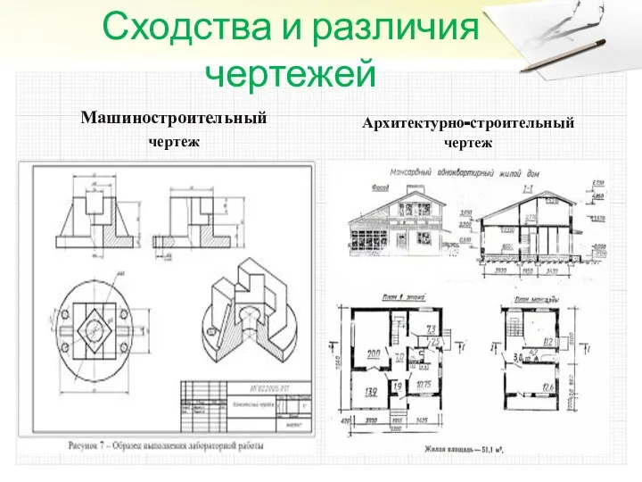 Сходства и различия чертежей Машиностроительный чертеж Архитектурно-строительный чертеж