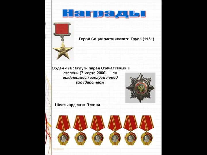 Награды Герой Социалистического Труда (1981) Орден «За заслуги перед Отечеством» II