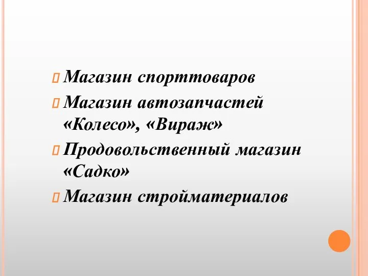 Магазин спорттоваров Магазин автозапчастей «Колесо», «Вираж» Продовольственный магазин «Садко» Магазин стройматериалов