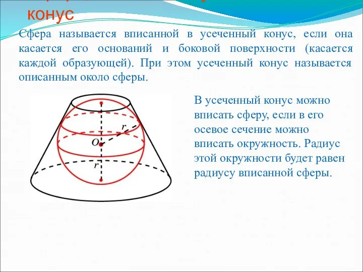 Сфера, вписанная в усеченный конус Сфера называется вписанной в усеченный конус,