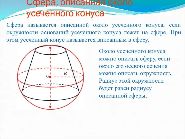 Сфера, описанная около усеченного конуса Сфера называется описанной около усеченного конуса,