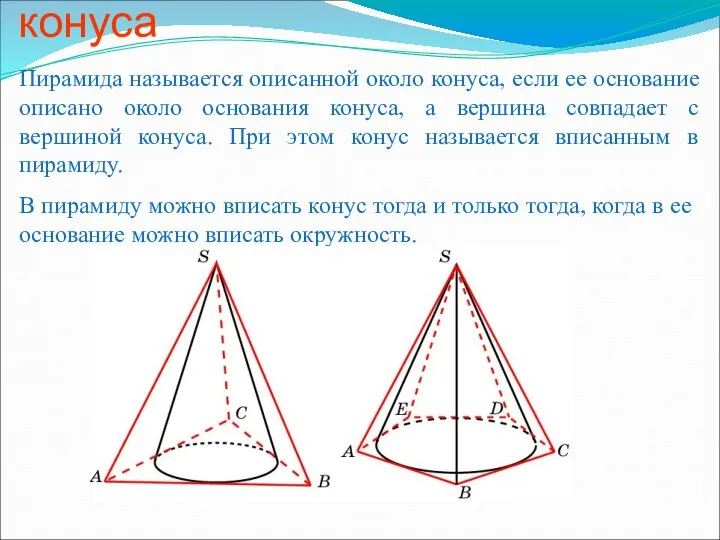 Пирамида, описанная около конуса Пирамида называется описанной около конуса, если ее