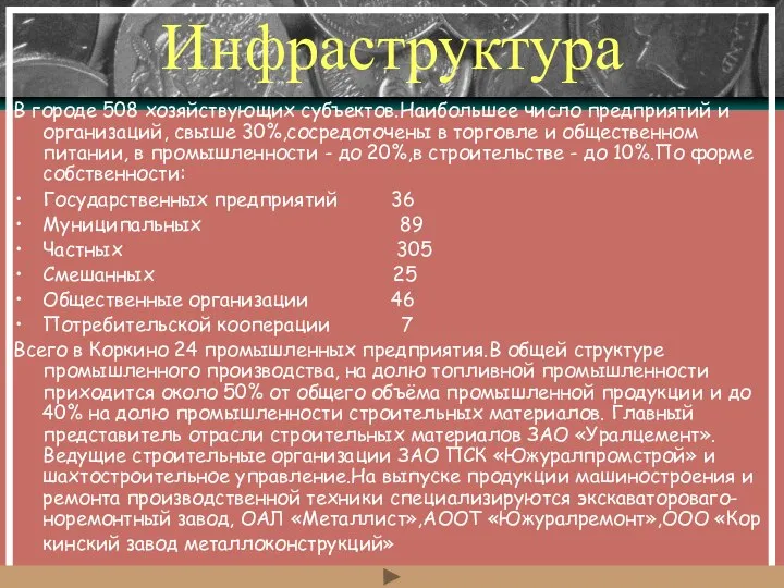 Инфраструктура В городе 508 хозяйствующих субъектов.Наибольшее число предприятий и организаций, свыше