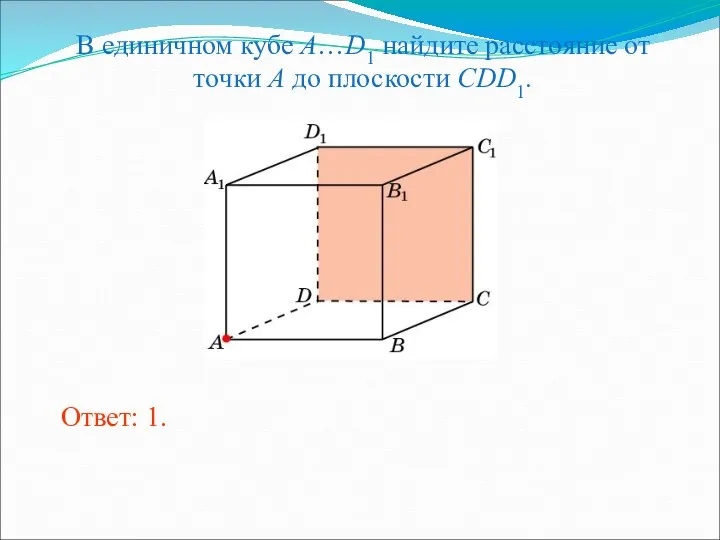 В единичном кубе A…D1 найдите расстояние от точки A до плоскости CDD1. Ответ: 1.