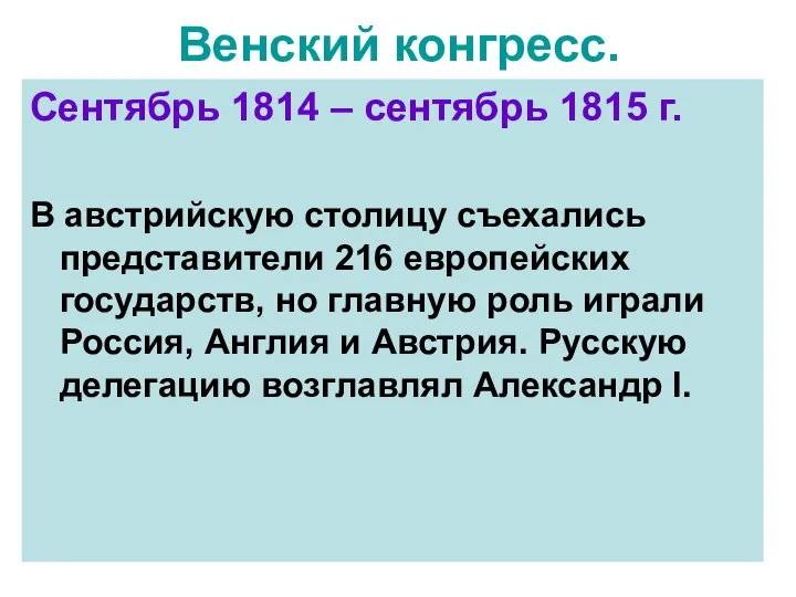 Венский конгресс. Сентябрь 1814 – сентябрь 1815 г. В австрийскую столицу