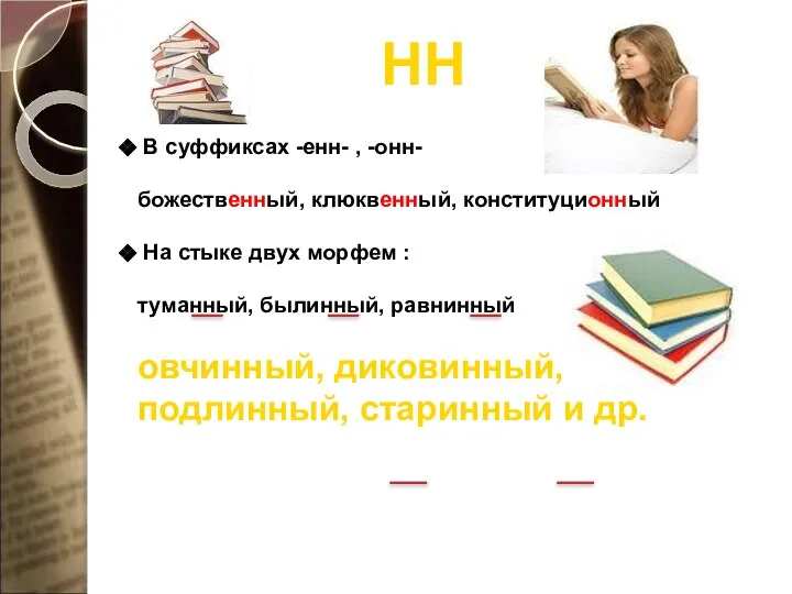 НН В суффиксах -енн- , -онн- божественный, клюквенный, конституционный На стыке