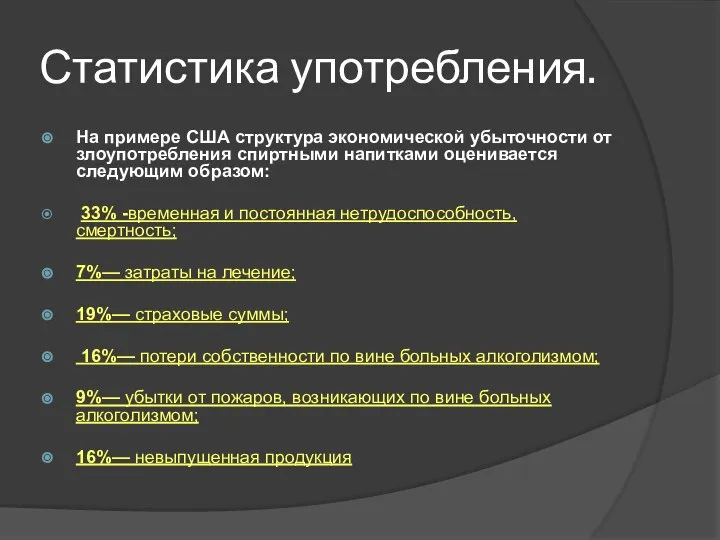 Статистика употребления. На примере США структура экономической убыточности от злоупотребления спиртными