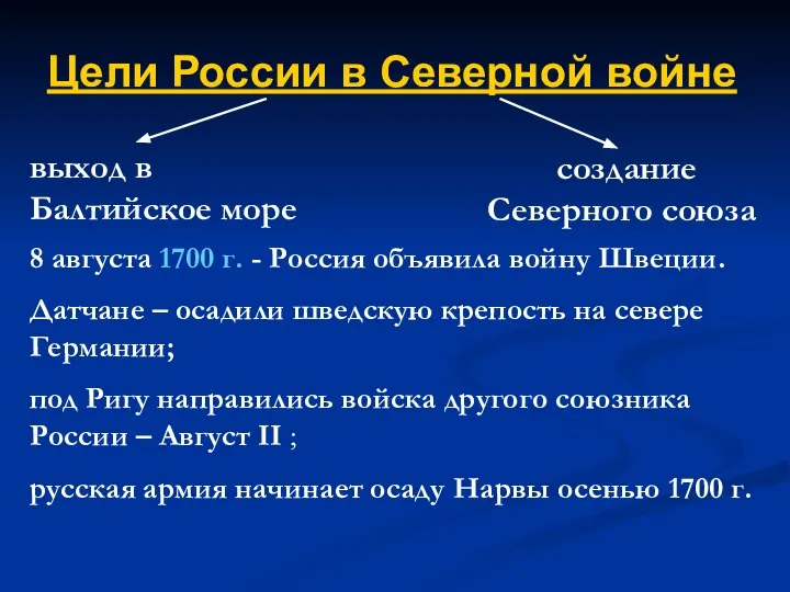 Цели России в Северной войне выход в Балтийское море создание Северного