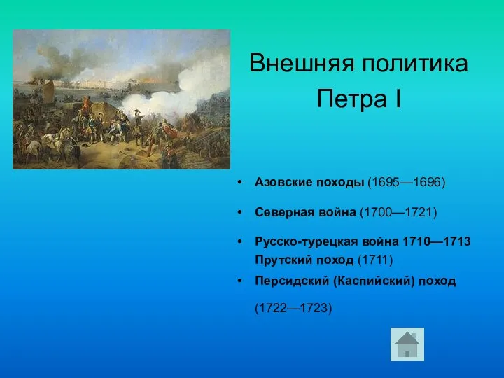 Внешняя политика Петра I Азовские походы (1695—1696) Северная война (1700—1721) Русско-турецкая