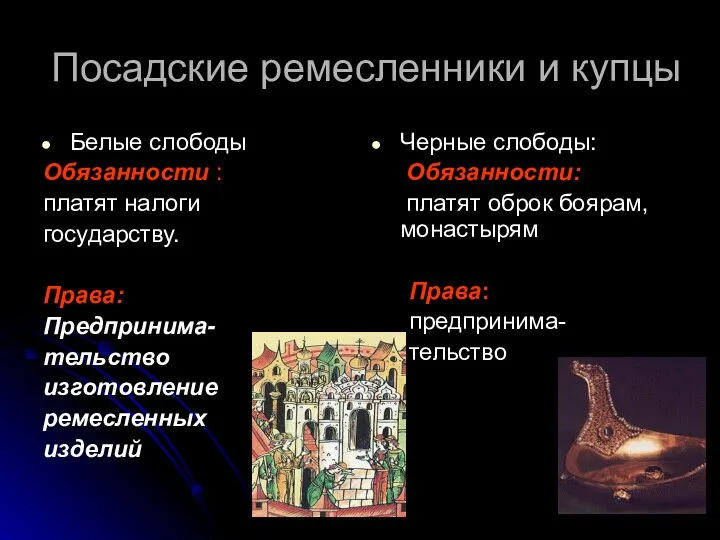 Посадские ремесленники и купцы Белые слободы Обязанности : платят налоги государству.