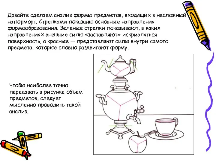 Давайте сделаем анализ формы предметов, входящих в несложный натюрморт. Стрелками показаны