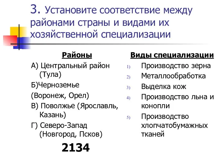 3. Установите соответствие между районами страны и видами их хозяйственной специализации